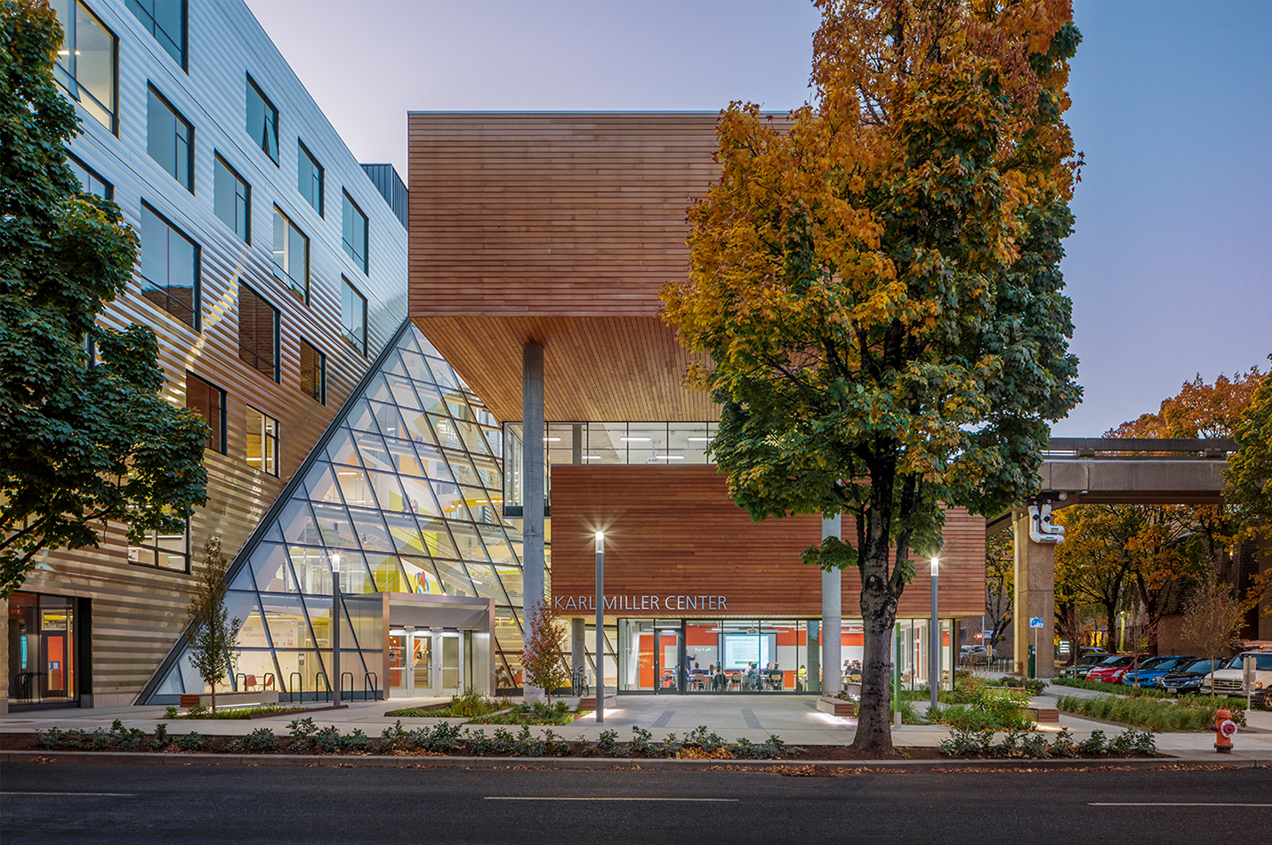 Exterior of the main entrance of the Karl Miller Center at PSU