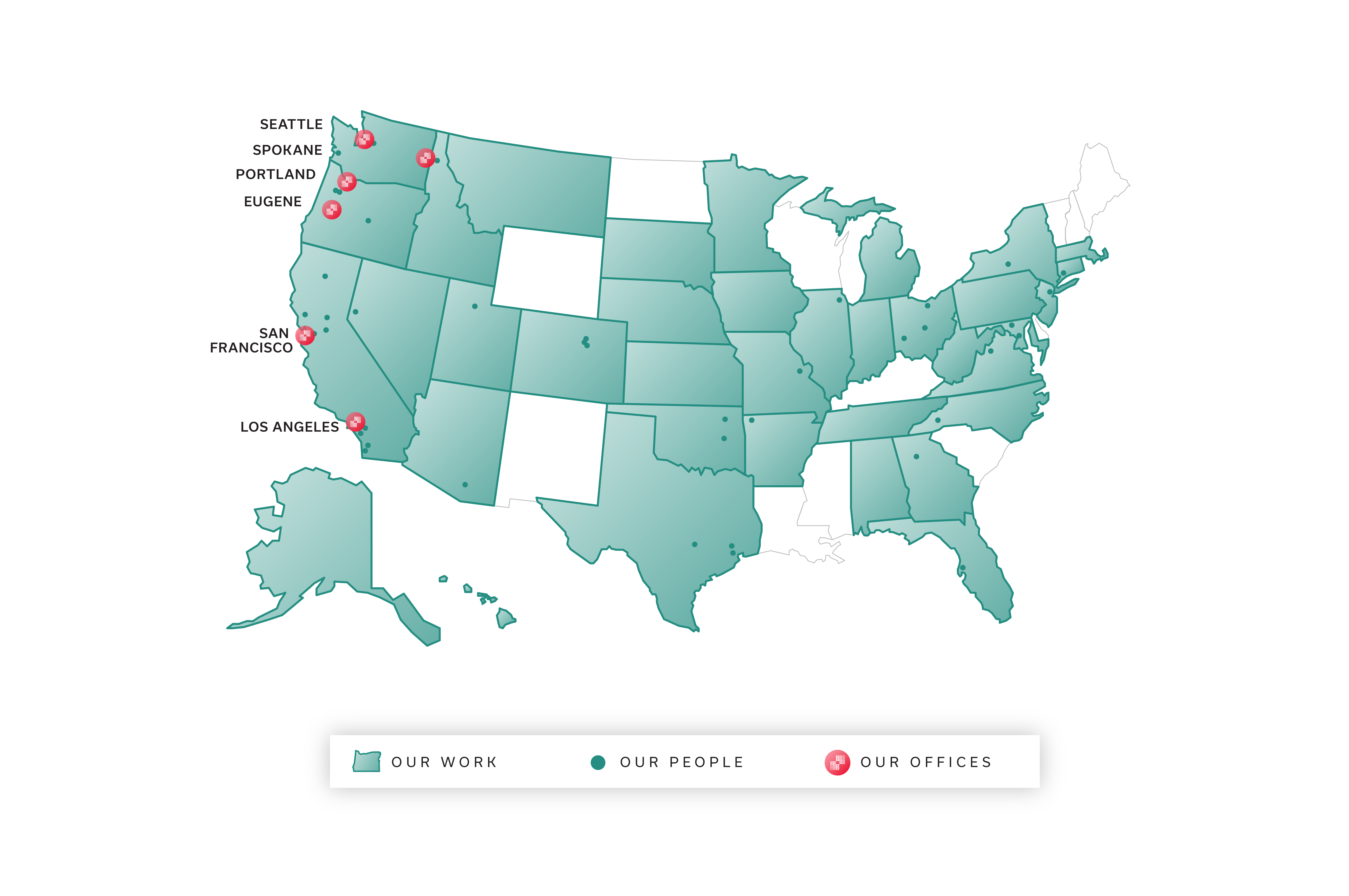 United States map showing office, project, and remote employee locations