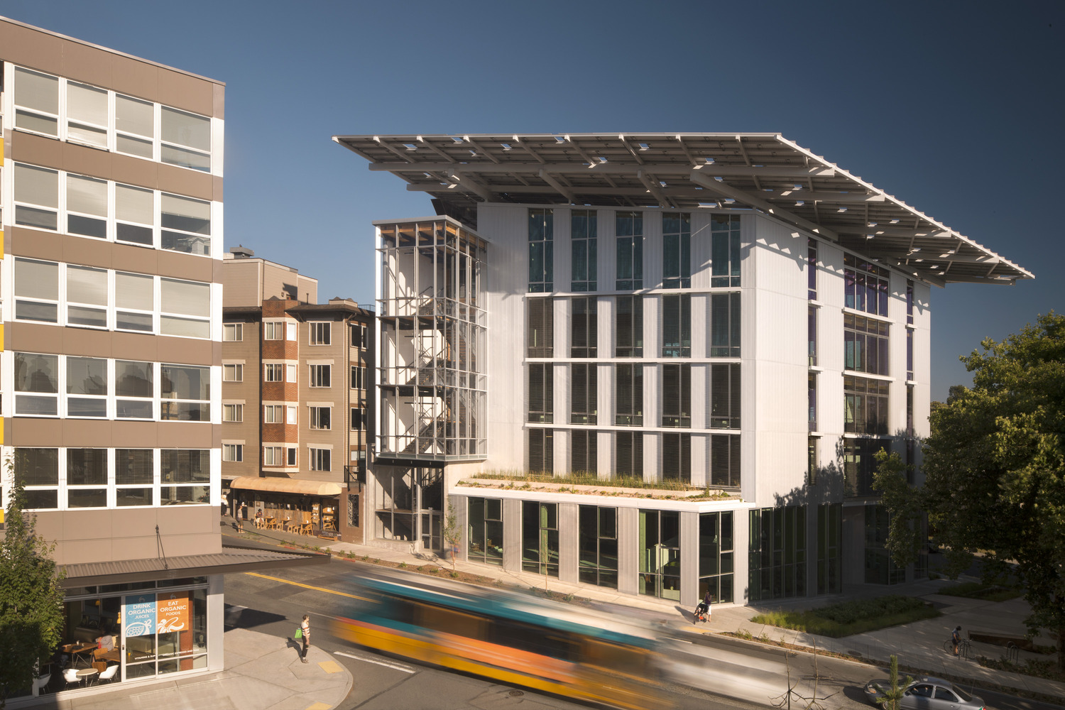 Bullitt Center exterior with passing transportation